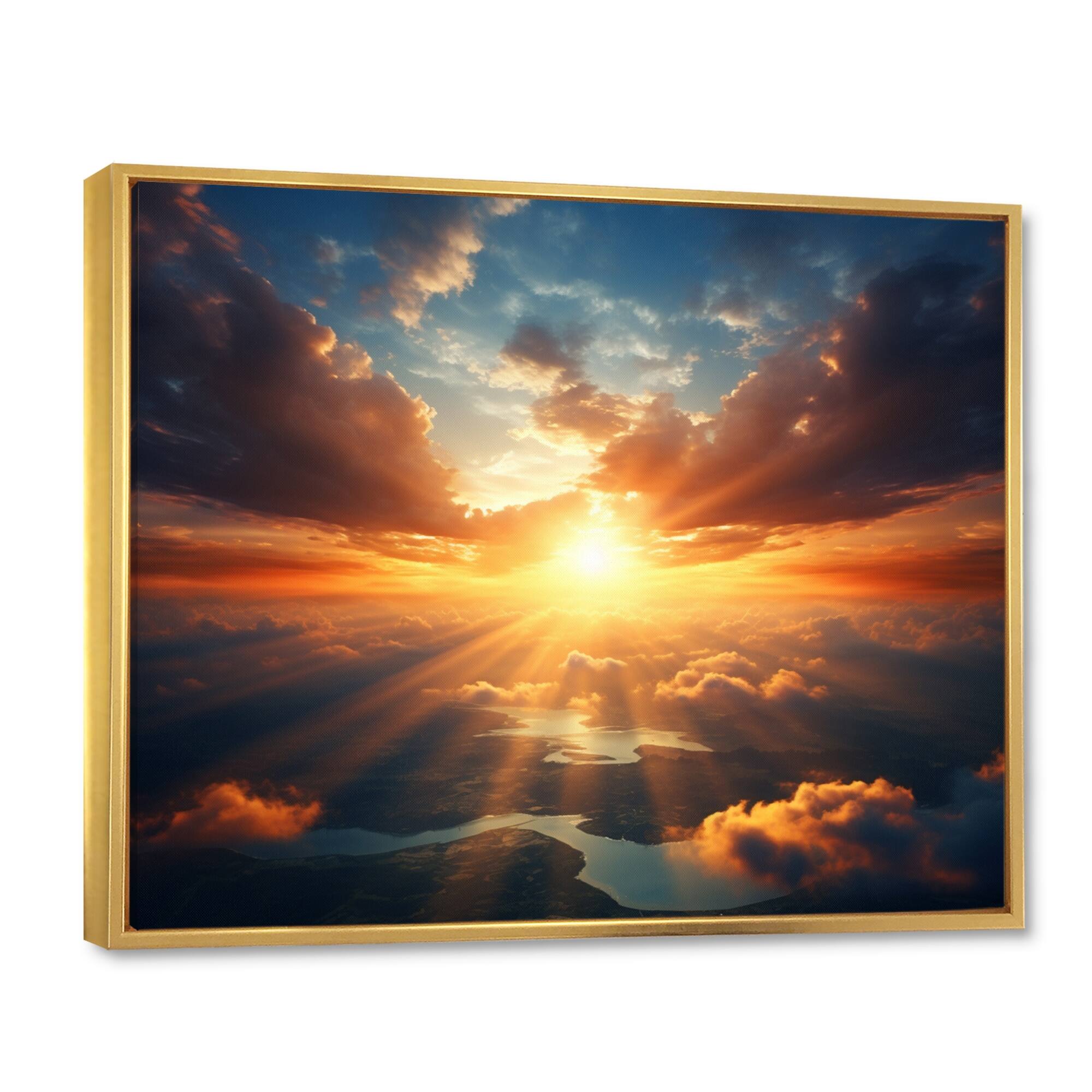 Designart "Yellow Blue Sunrise Rays Of Hope II" Landscapes Framed Wall